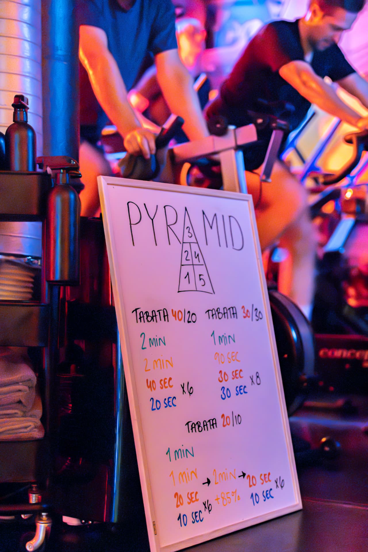 Pyramid-intervaller på whiteboard framför cyklarna